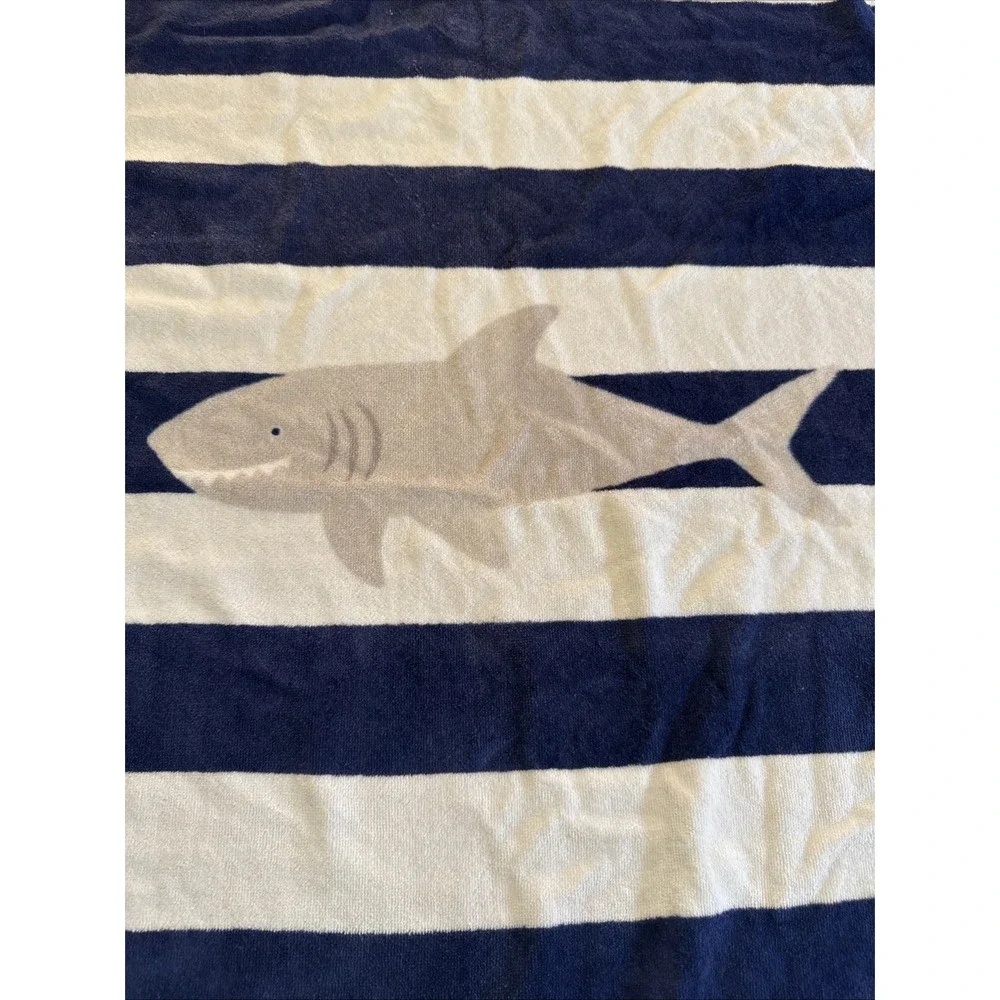 Pottery Barn Kids Towel Bath Pool Beach Shark w Blue White Stripes Boys Coastal